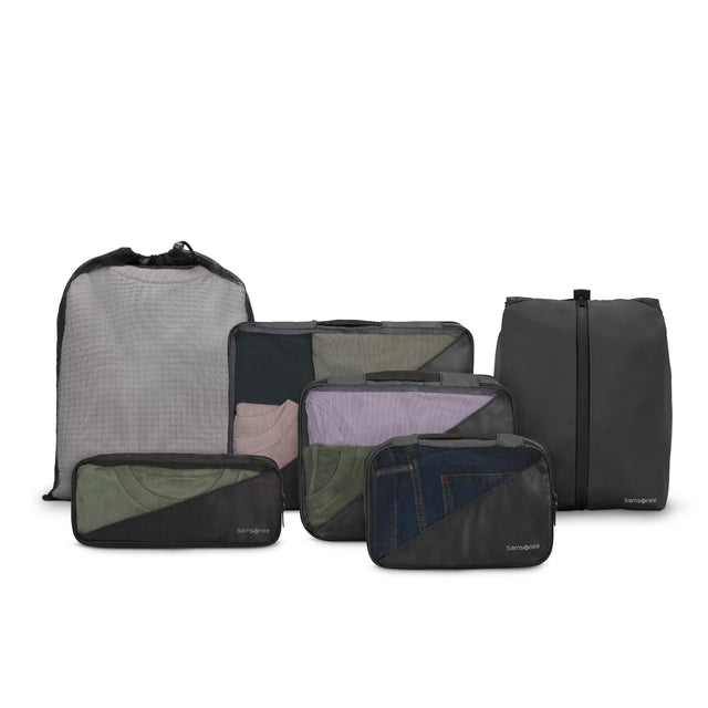 Samsonite 6-Piece Compression Packing Cubes Set in Black with shoe bag and laundry bag