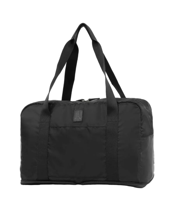 Travelpro Essentials SparePack Foldable Duffel Bag in black, lightweight 38L packable travel bag with luggage stacking strap.